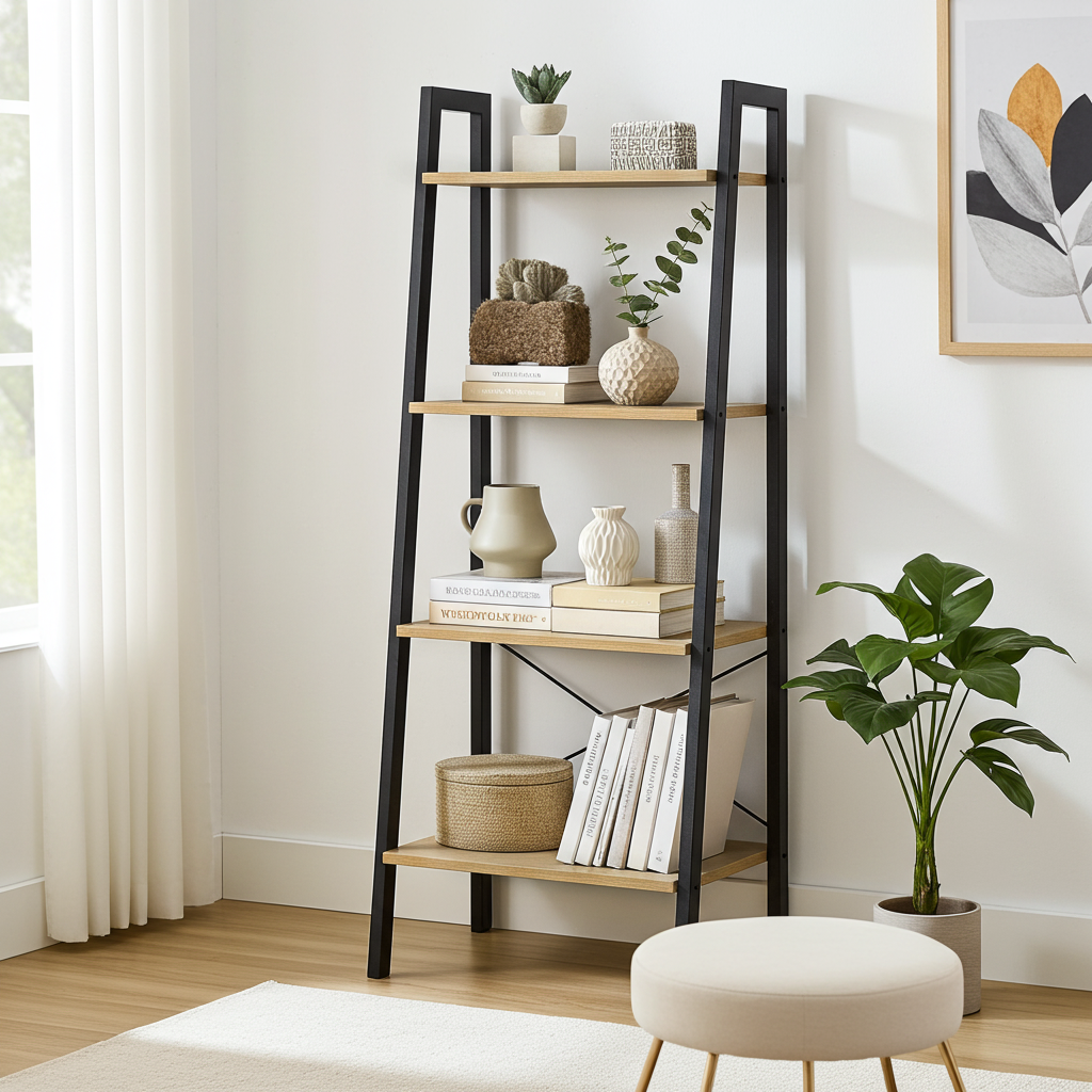 Elevate Rustic Oak 4-Tier Ladder Shelf Wood & Metal Bookcase Storage Organizer