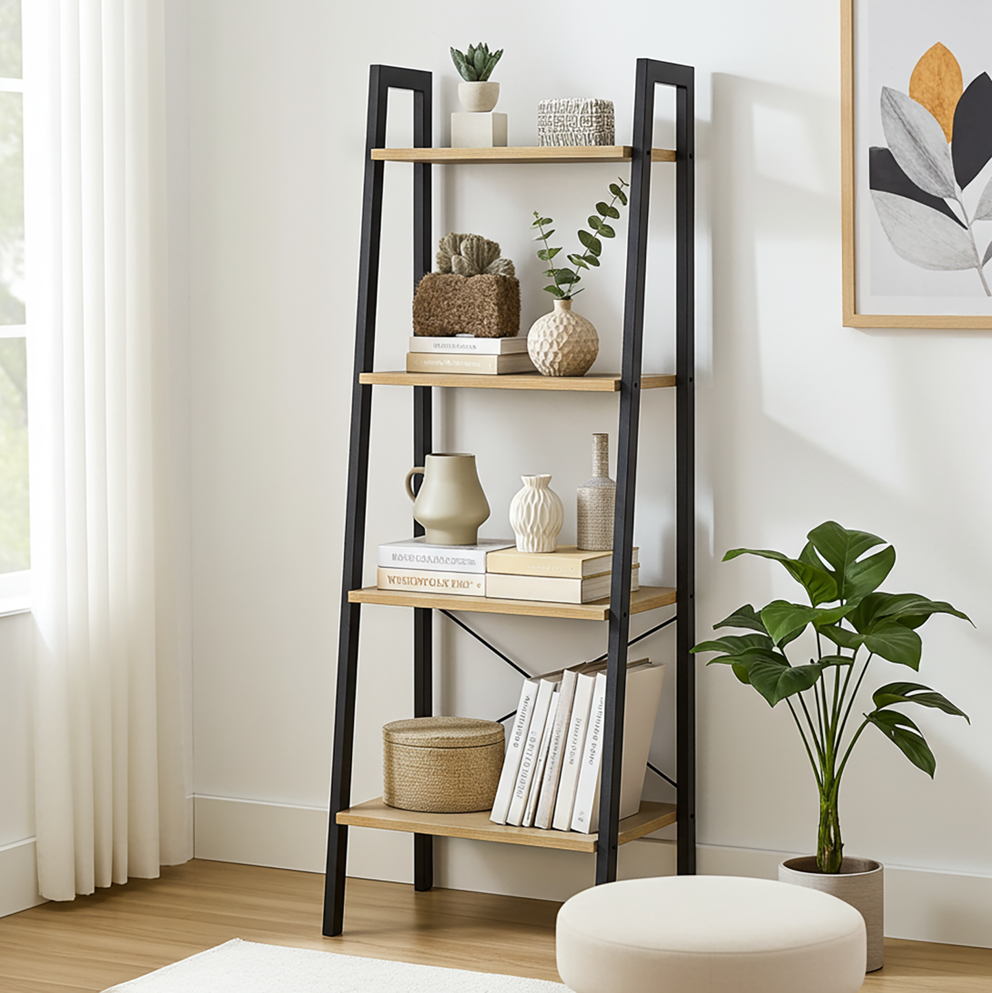 Elevate Rustic Oak 4-Tier Ladder Shelf Wood & Metal Bookcase Storage Organizer