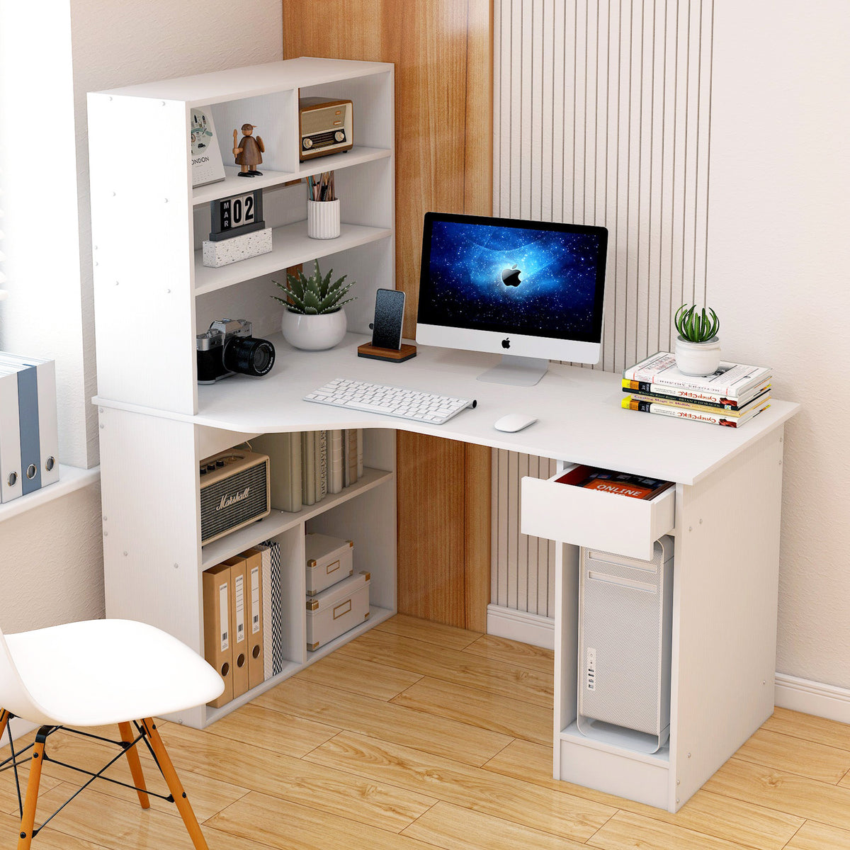 Large Combination Workstation Computer Desk with Storage Shelves (Whit