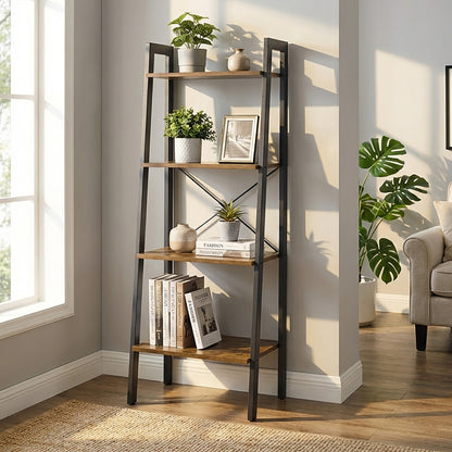 Elevate Rustic Wood & Metal 4-Tier Ladder Shelf Bookcase Storage Organizer
