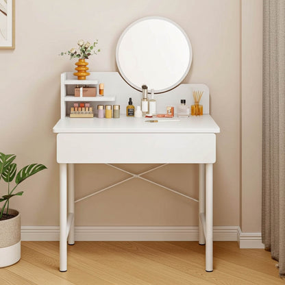 Luxe Dresser Makeup Vanity Dressing Table with Round Mirror Drawer White
