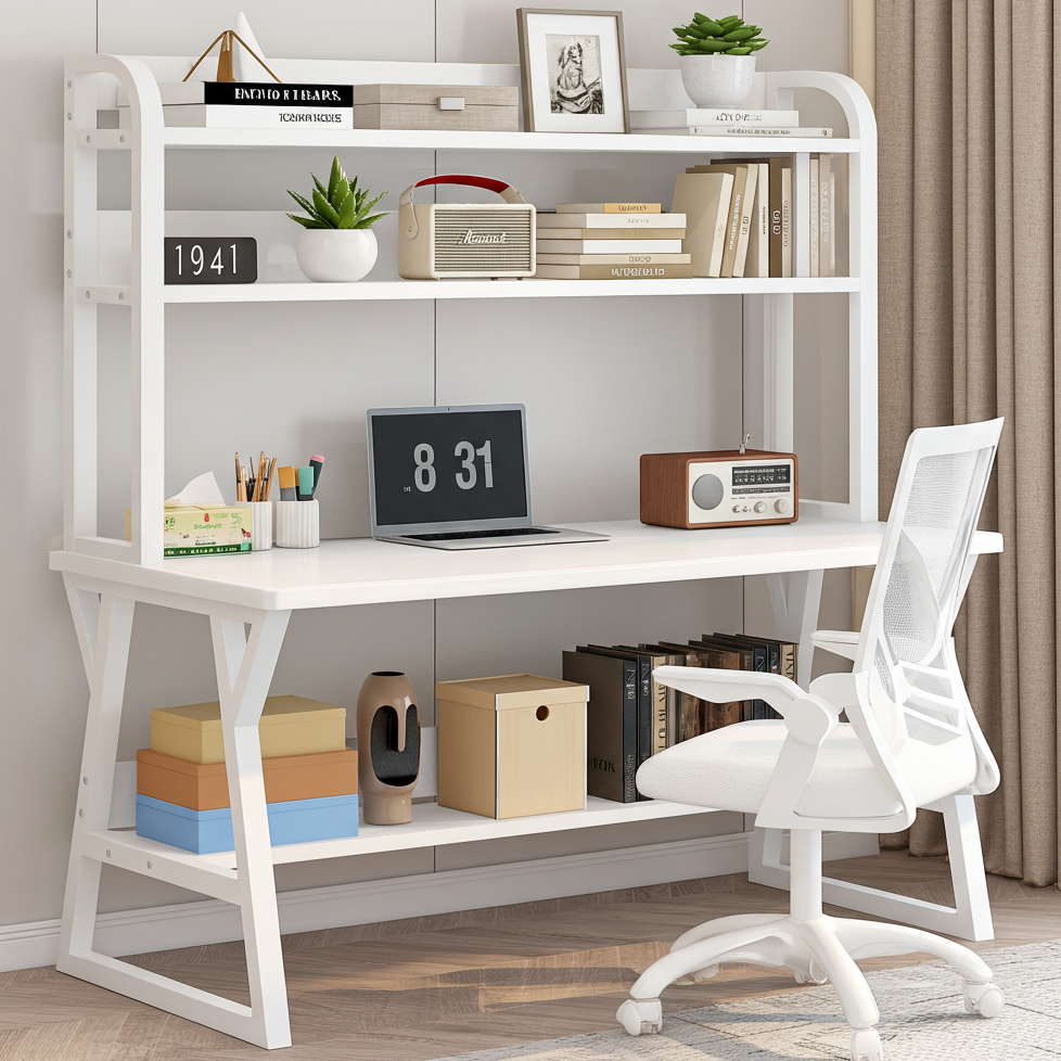 Aspire Large Industrial Office Computer Desk Workstation with Bookshelf (White)