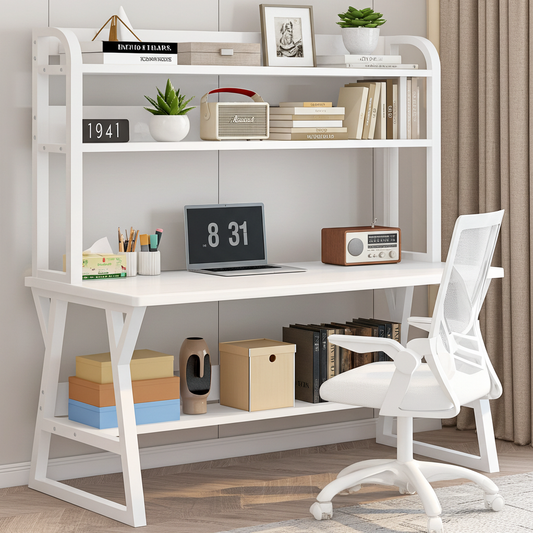Aspire Large Industrial Office Computer Desk Workstation with Bookshelf (White)
