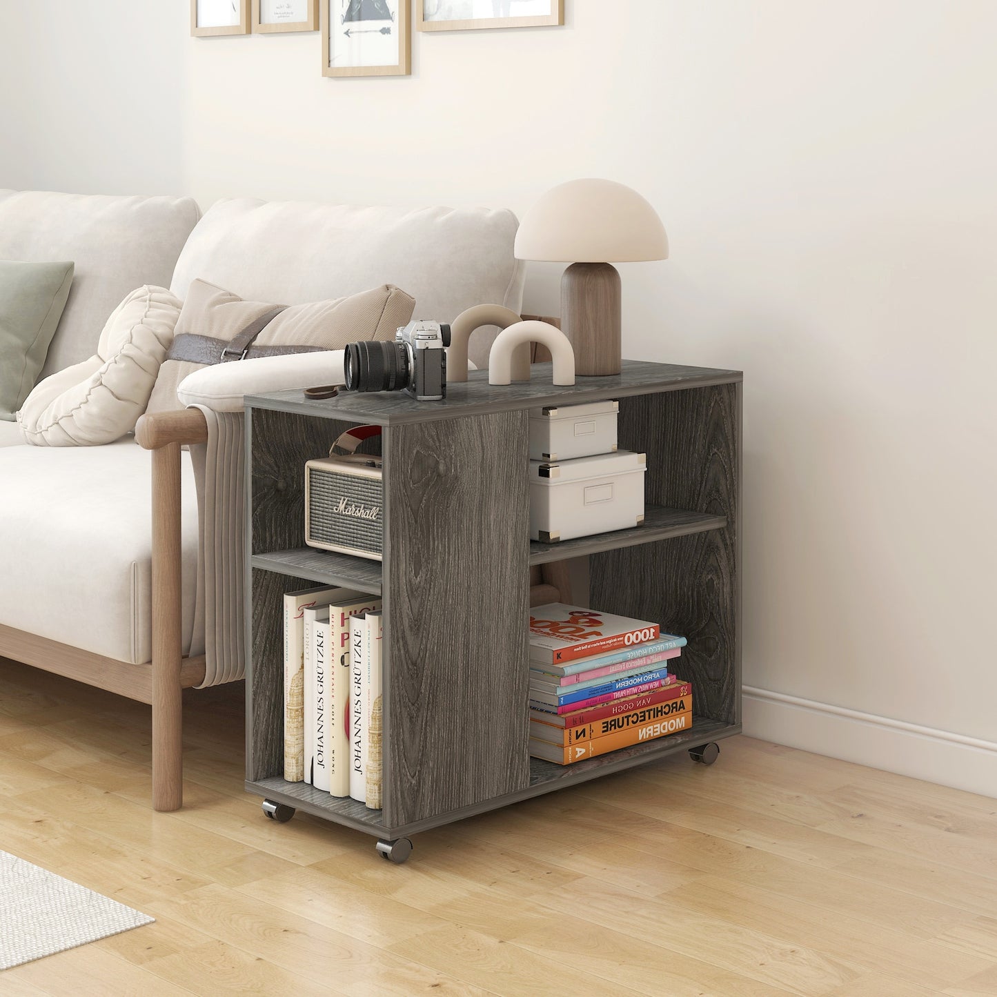 Versatile Sofa Side Table & Magazine Shelf with Casters (Driftwood Grey)