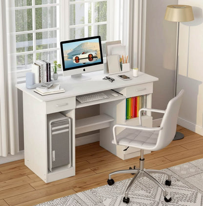 Executive Office Computer Desk with Drawers, Cabinet, Shelves (White)