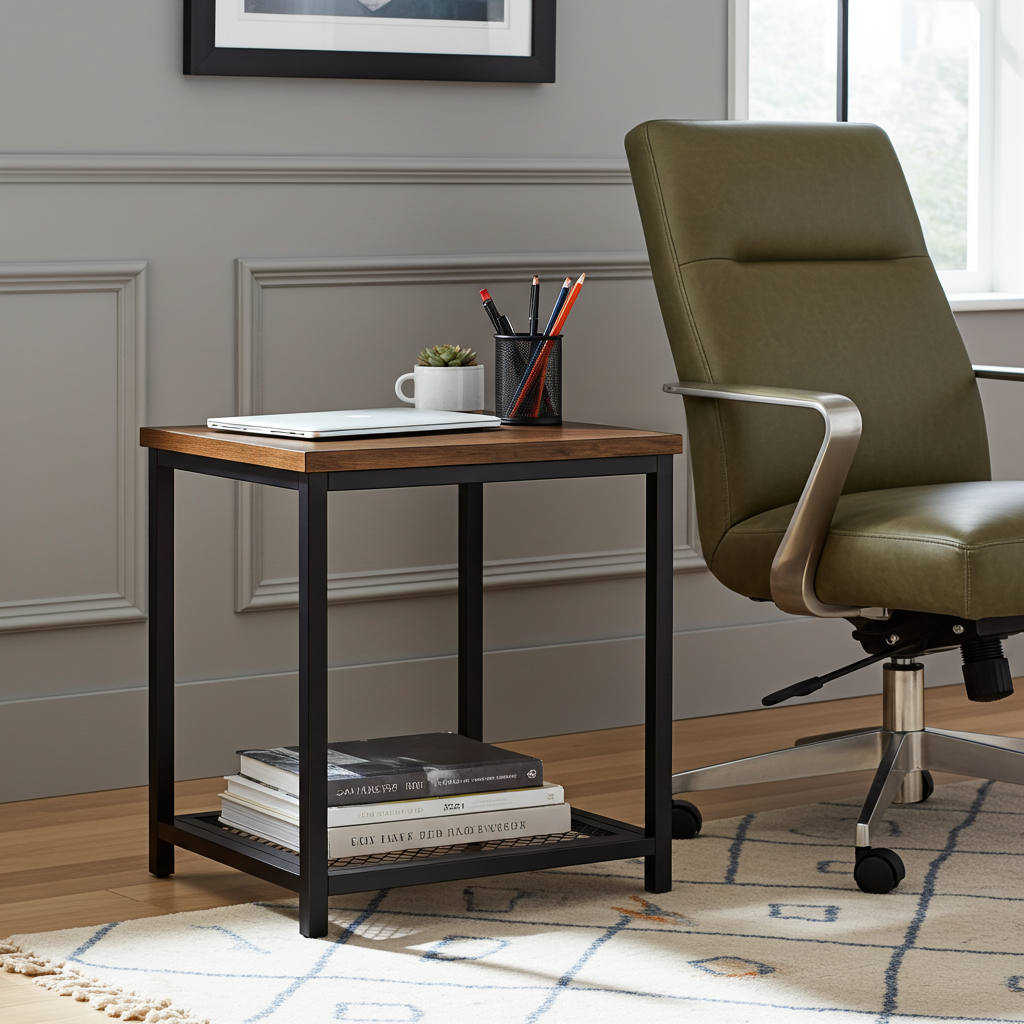 Loft Rustic Industrial Wood & Steel Side Table with Storage Shelf