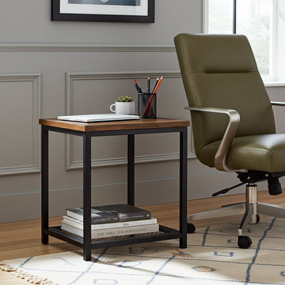 Loft Rustic Industrial Wood & Steel Side Table with Storage Shelf