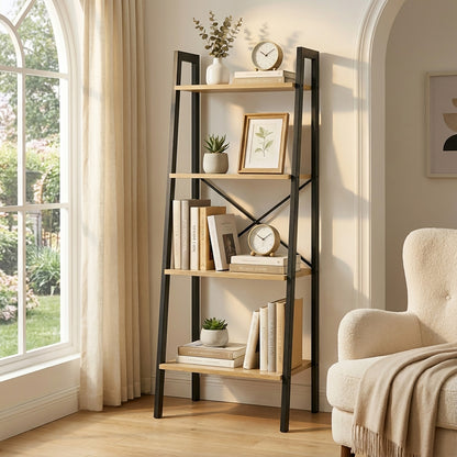 Elevate Rustic Oak 4-Tier Ladder Shelf Wood & Metal Bookcase Storage Organizer