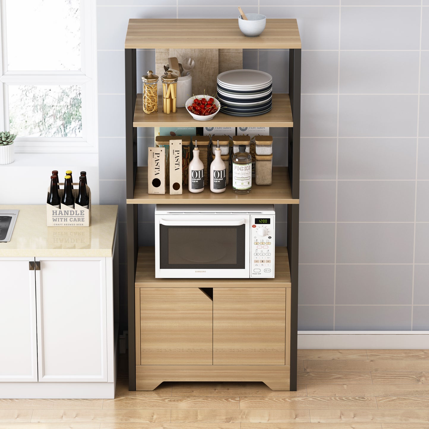 4-Level Arena Organizer Kitchen Storage Cabinet Shelf (Oak & Black)