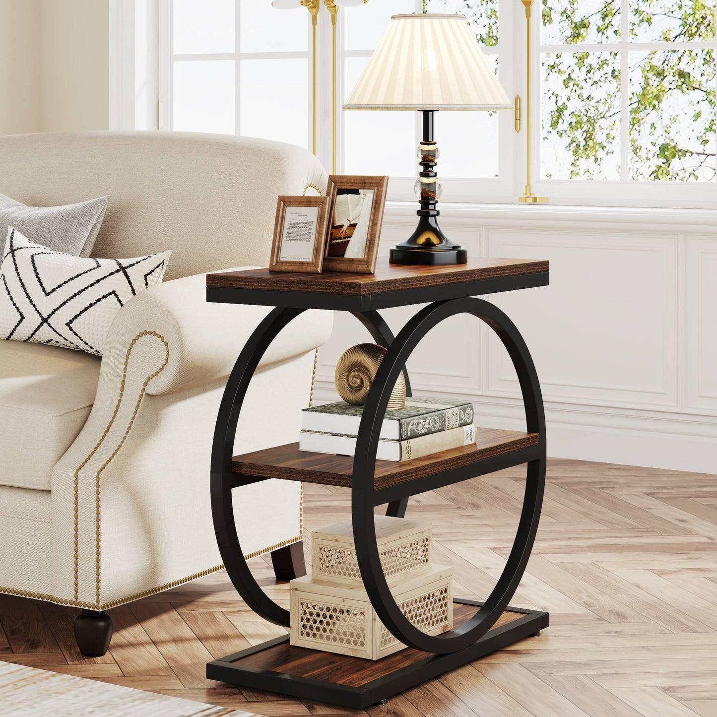 Eclipse Rustic Wood and Metal Round Side Table with Shelves