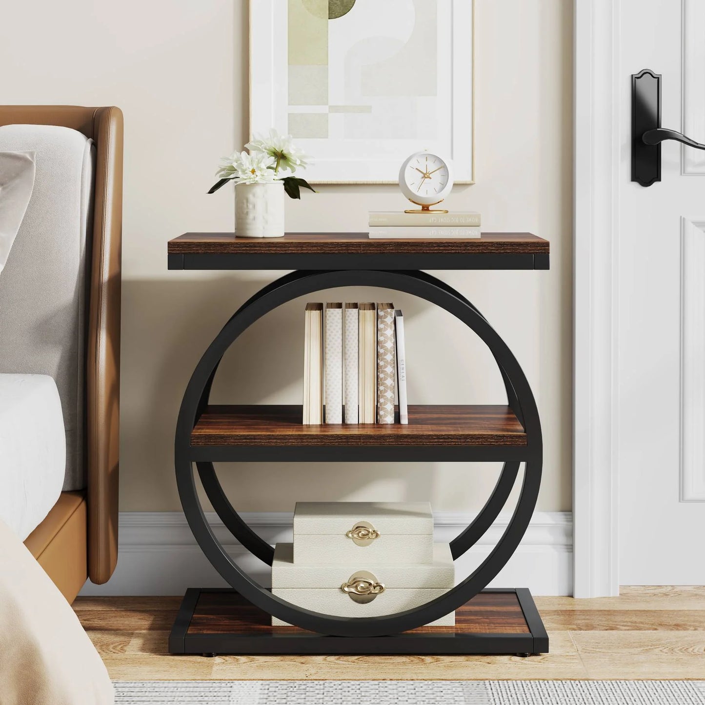 Eclipse Rustic Wood and Metal Round Side Table with Shelves