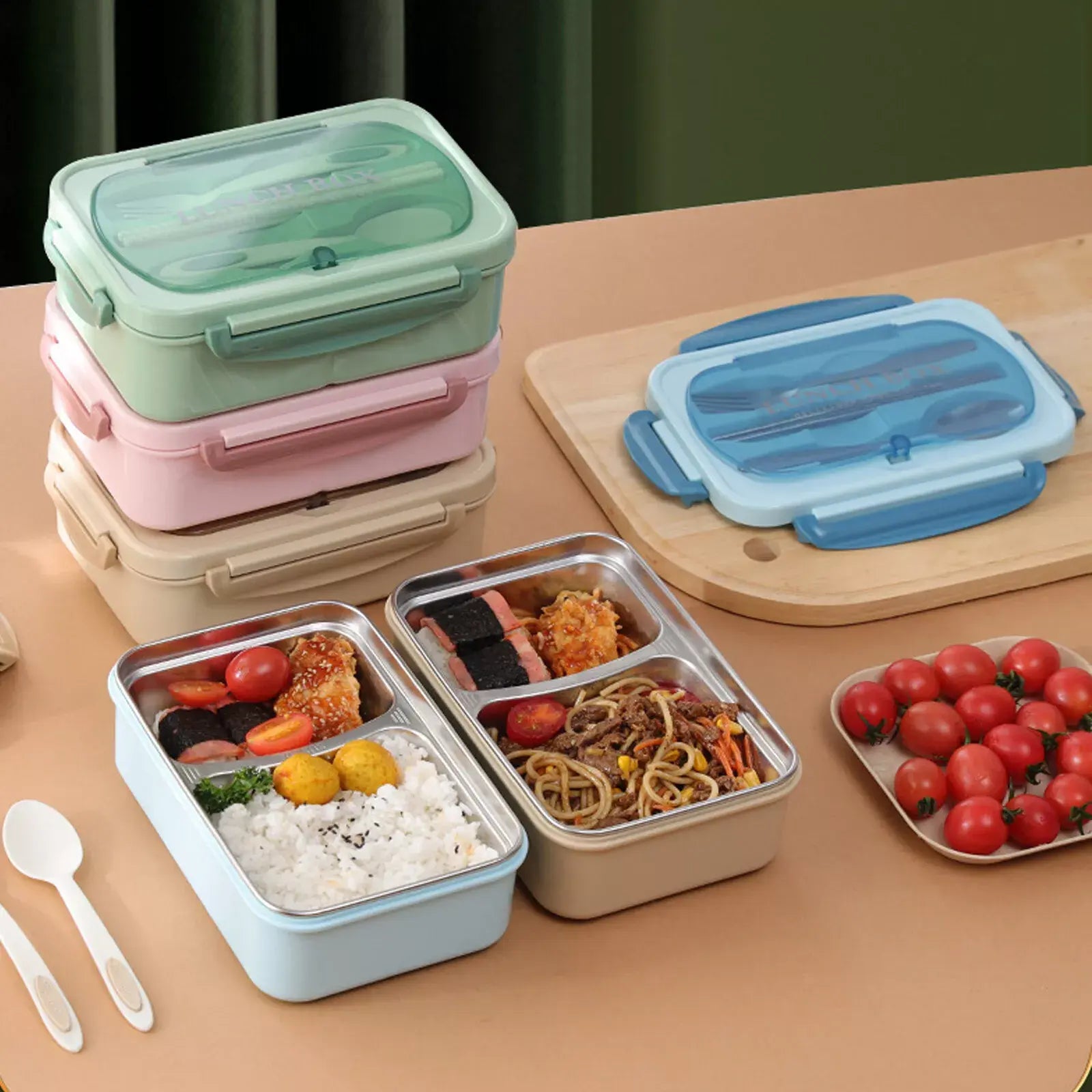 Stainless Steel Leakproof Lunch Bento Box with Compartments and Cutlery - Blue - Dshop.com.au