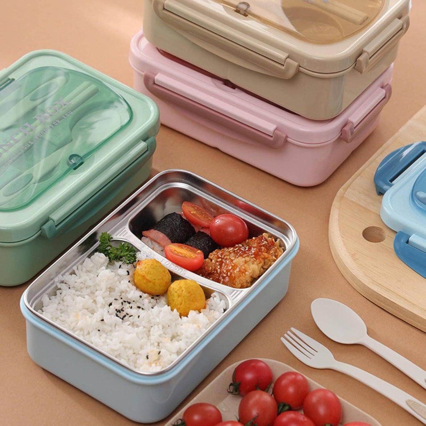 Stainless Steel Leakproof Lunch Bento Box with Compartments and Cutlery - Blue - Dshop.com.au