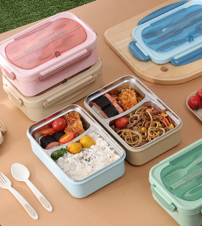 Stainless Steel Leakproof Lunch Bento Box with Compartments and Cutlery - Blue - Dshop.com.au