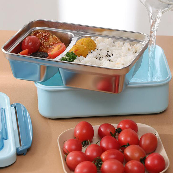 Stainless Steel Leakproof Lunch Bento Box with Compartments and Cutlery - Blue - Dshop.com.au