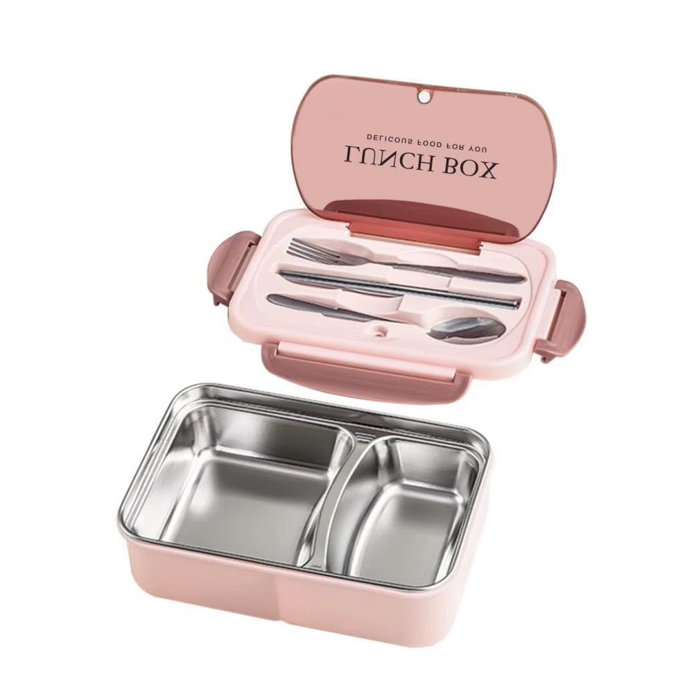 Stainless Steel Leakproof Lunch Bento Box with Compartments and Cutlery - Pink - Dshop.com.au