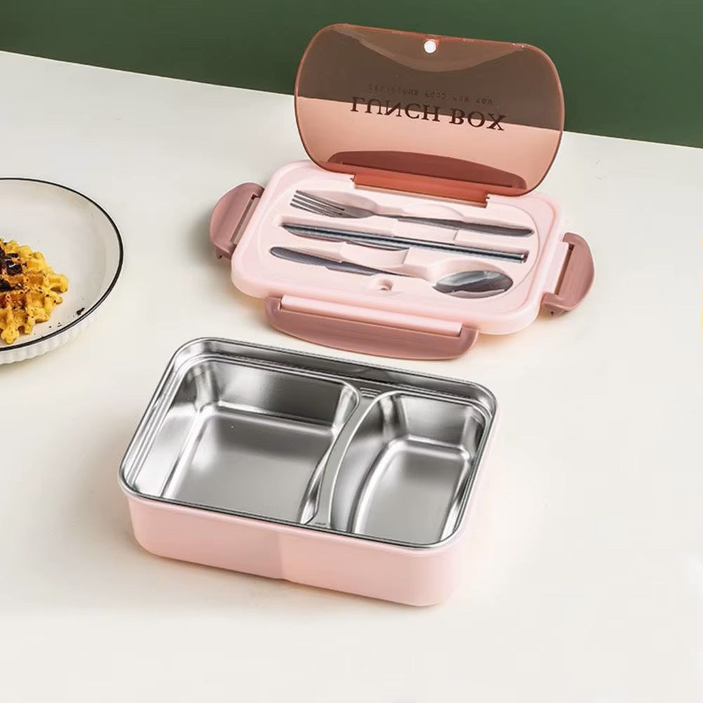 Stainless Steel Leakproof Lunch Bento Box with Compartments and Cutlery - Pink - Dshop.com.au