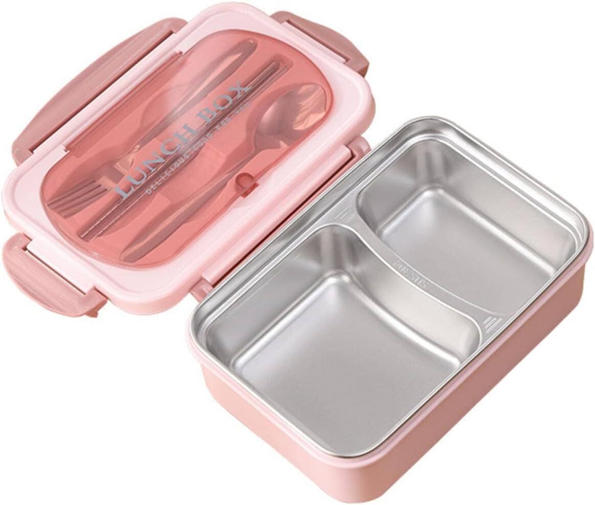 Stainless Steel Leakproof Lunch Bento Box with Compartments and Cutlery - Pink - Dshop.com.au