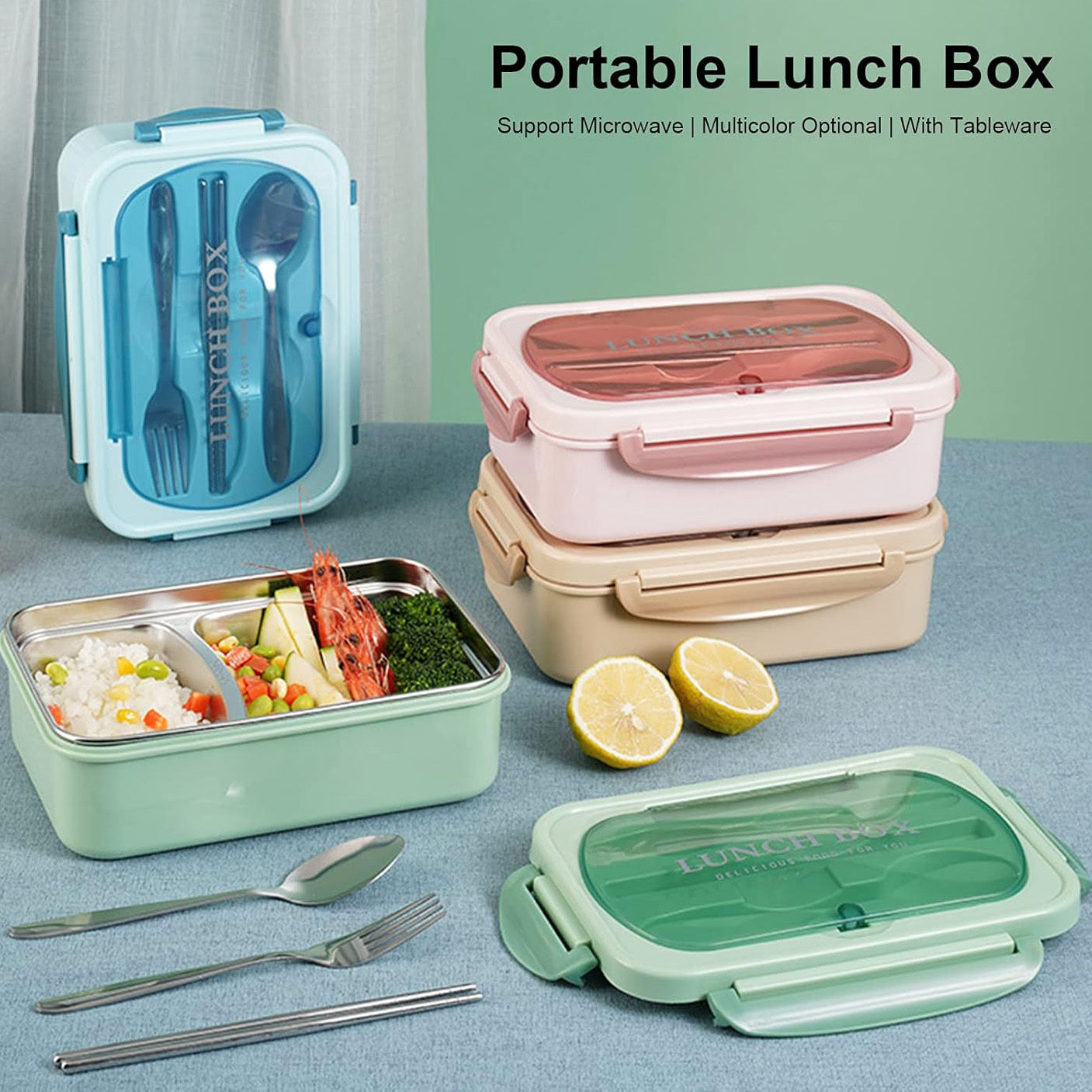 Stainless Steel Leakproof Lunch Bento Box with Compartments and Cutlery - Pink - Dshop.com.au