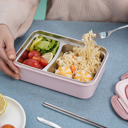 Stainless Steel Leakproof Lunch Bento Box with Compartments and Cutlery - Pink - Dshop.com.au