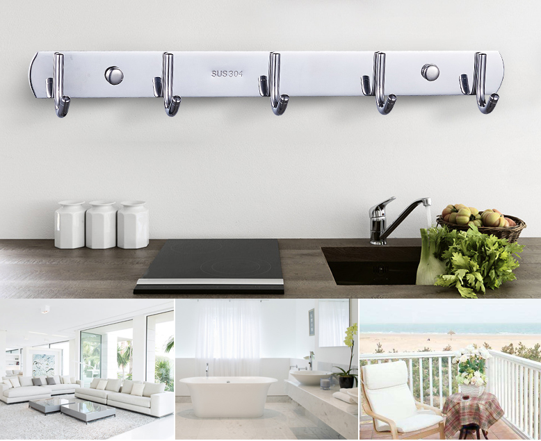 Heavy Duty Stainless Steel 5 Hook Rail Kitchen Bathroom Hanging Rack - Dshop.com.au