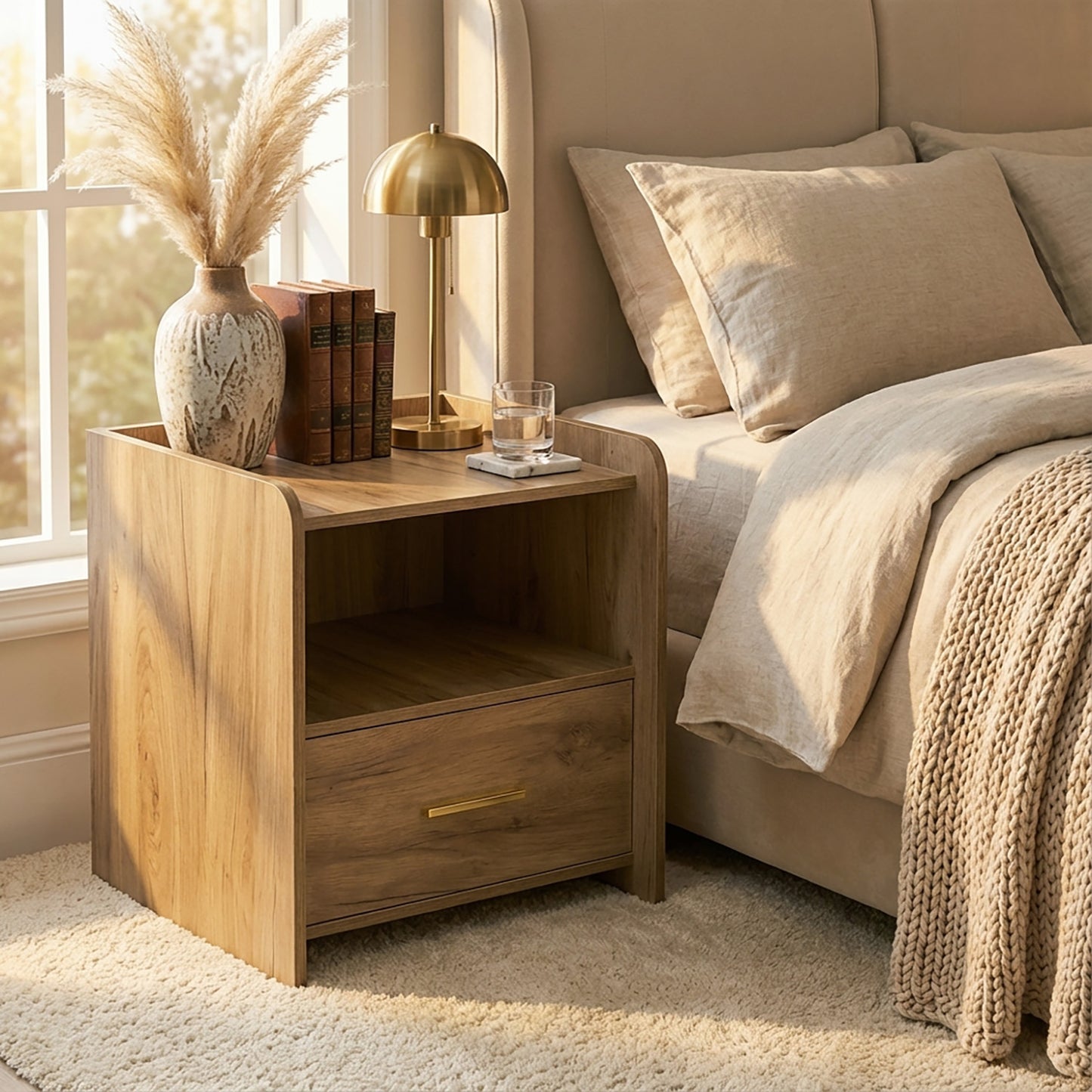 Serene Bedside Table Nightstand with Drawer (Rustic Oak)