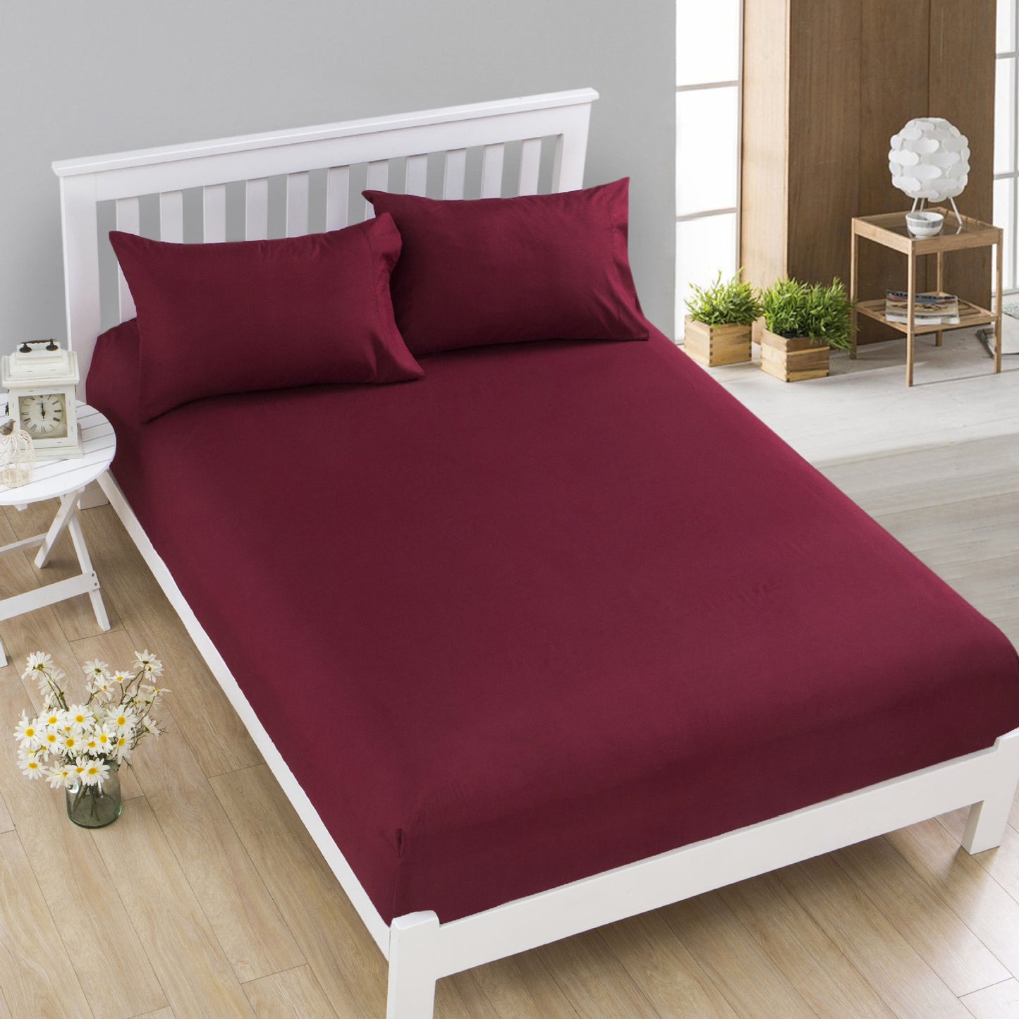 Luxe Home 3-Piece Bed Set Fitted Sheet and Pillowcases - Queen Size 150cm (Maroon) - Dshop.com.au