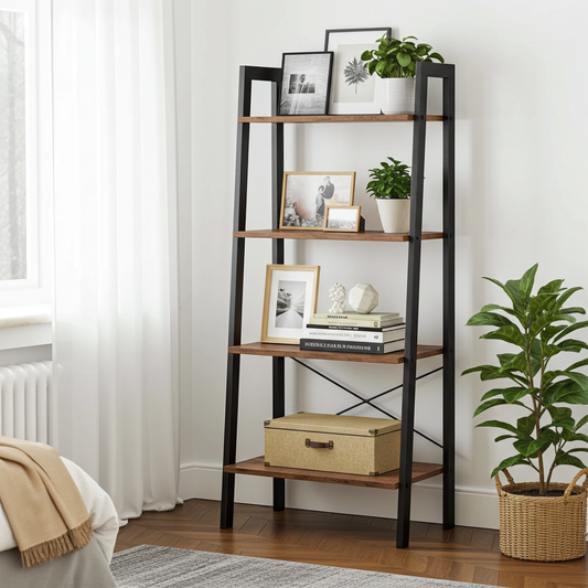 Elevate Rustic Wood & Metal 4-Tier Ladder Shelf Bookcase Storage Organizer