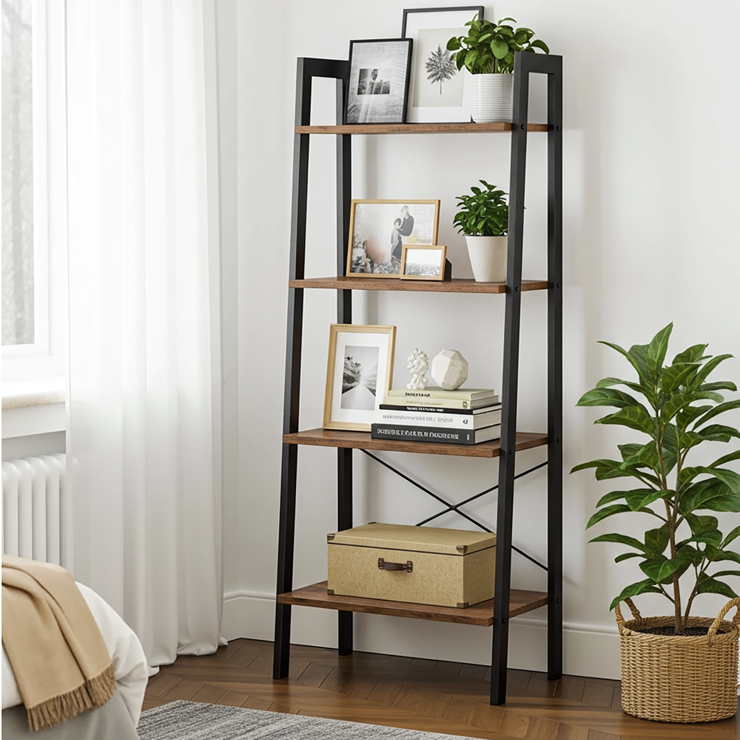 Elevate Rustic Wood & Metal 4-Tier Ladder Shelf Bookcase Storage Organizer