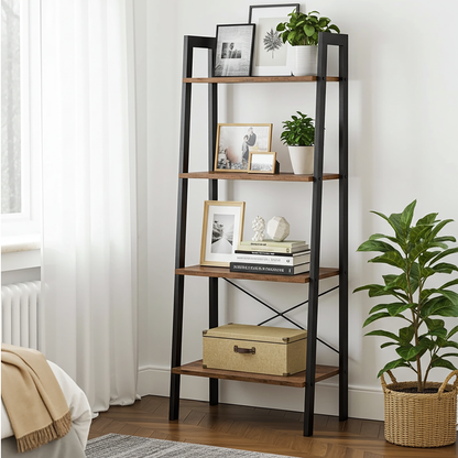 Elevate Rustic Wood & Metal 4-Tier Ladder Shelf Bookcase Storage Organizer