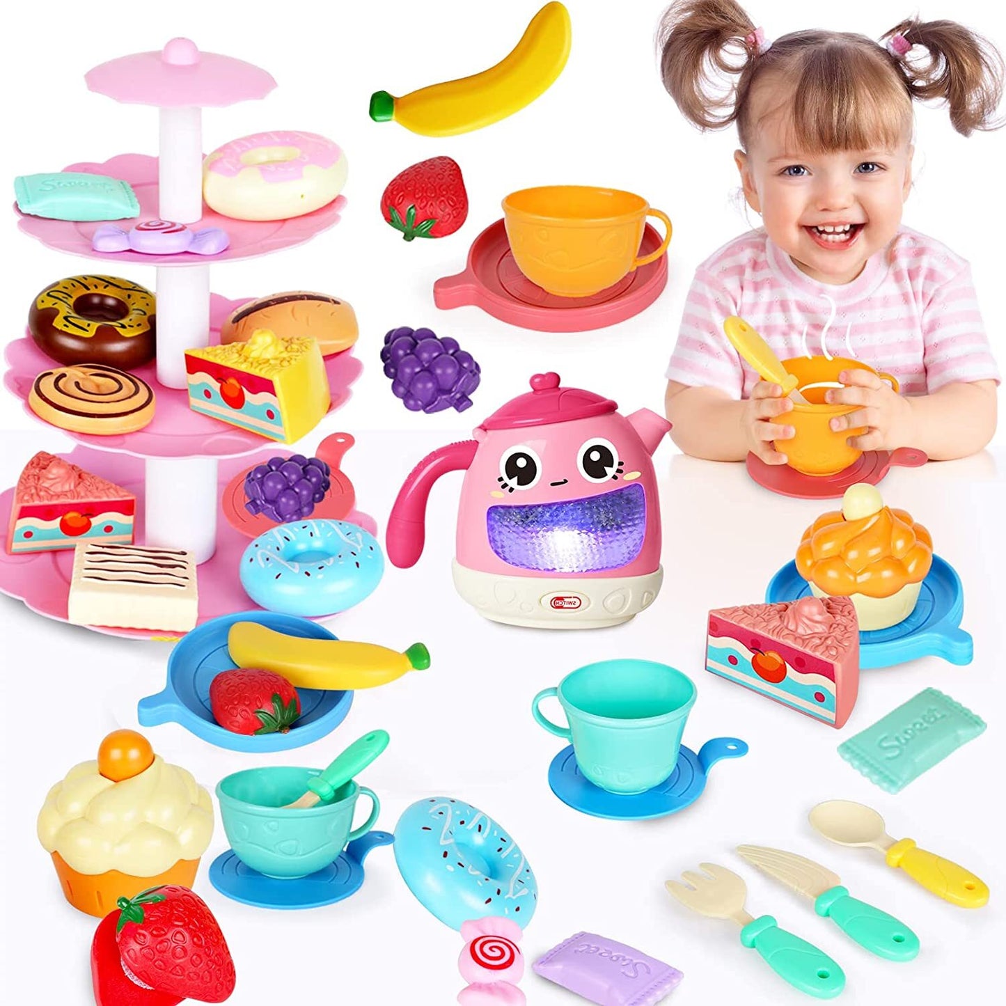 48-Piece Music Tea Party Teapot Pretend Food Toy Play Set - Dshop.com.au