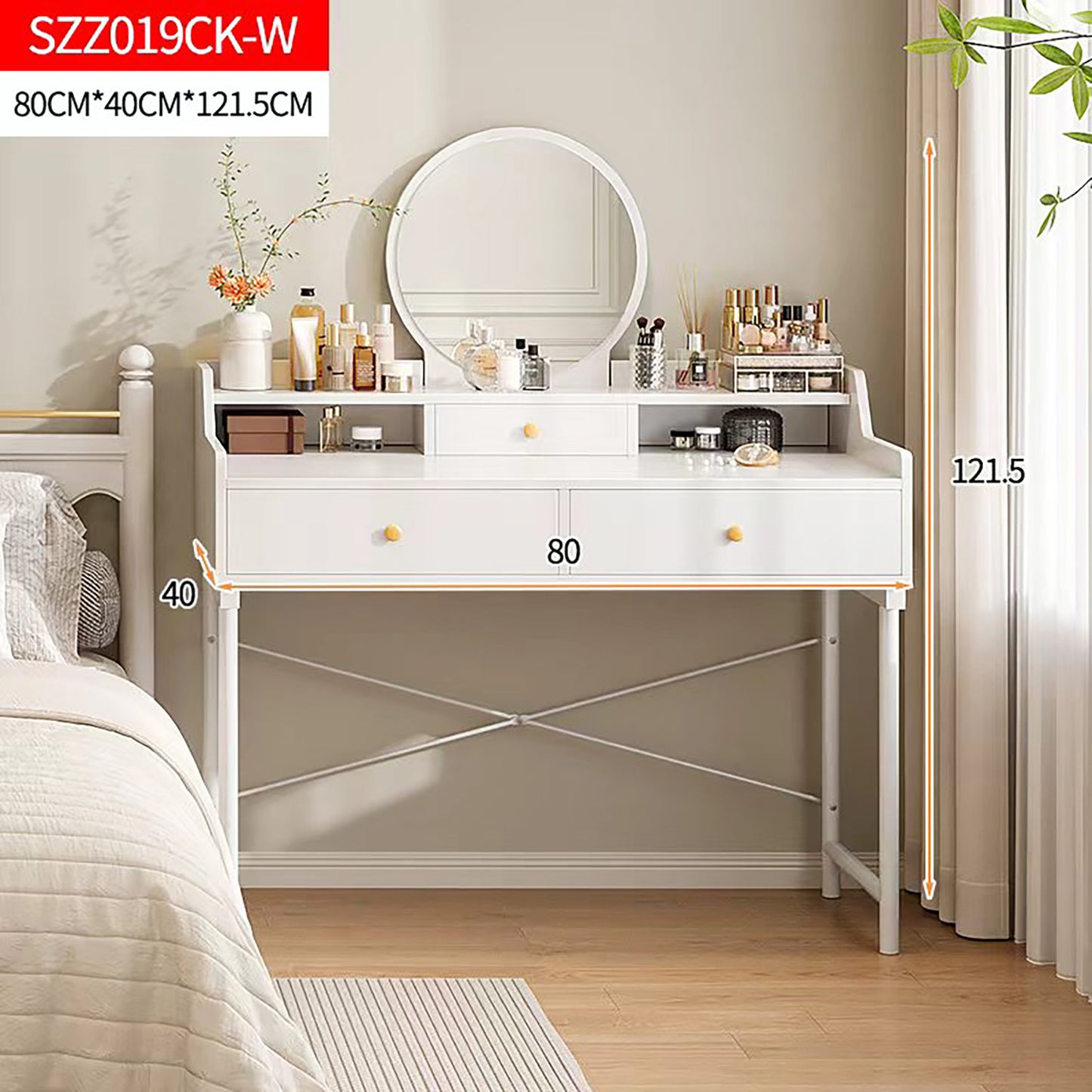 Grande Makeup Vanity Dressing Table with Round Mirror and Drawers White