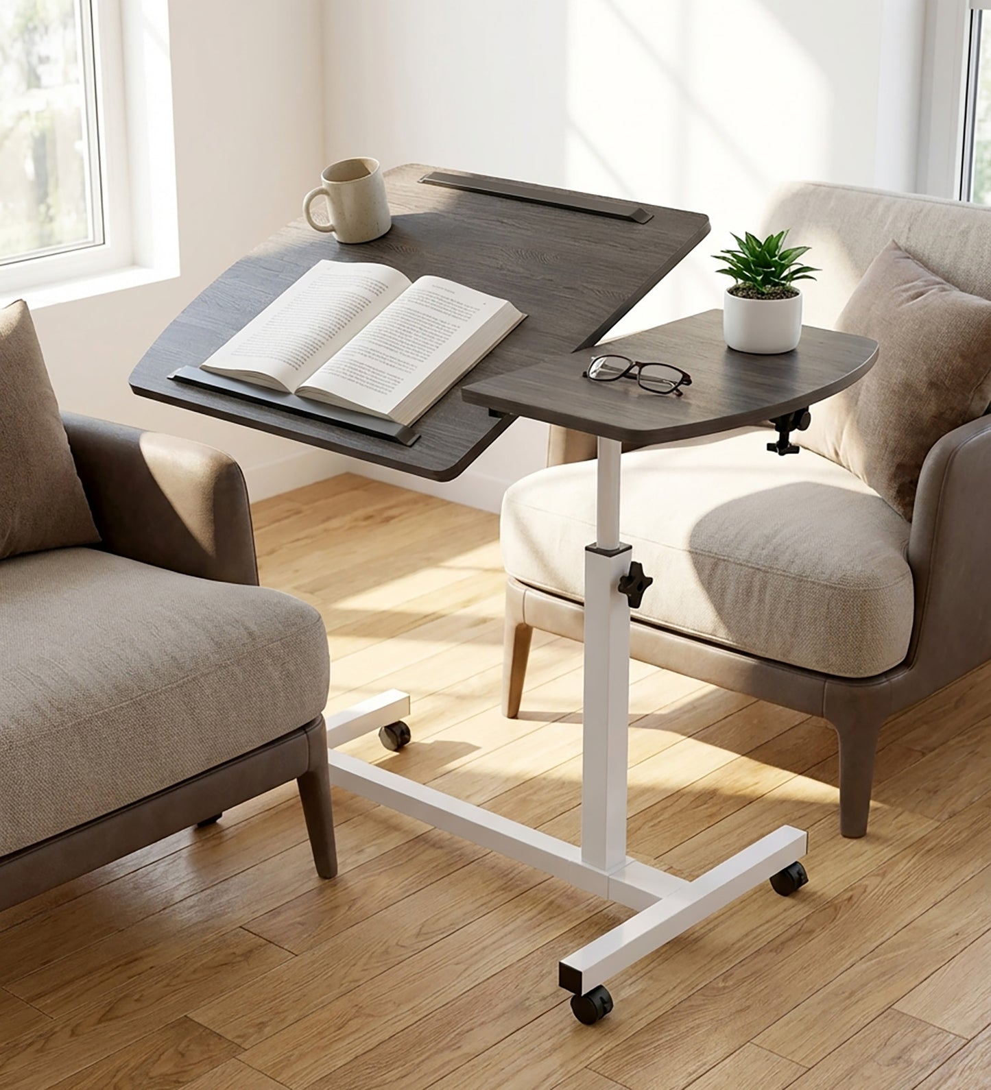 Motif 2-in-1 Adjustable Portable Sofa Bed Side Table Laptop Desk with Wheels (Rustic Grey)