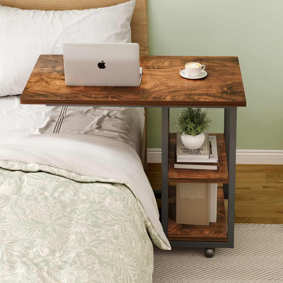 Supreme Sofa Bed Side Table Laptop Desk with Shelves & Wheels (Rustic