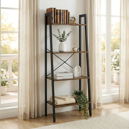 Elevate Rustic Wood & Metal 4-Tier Ladder Shelf Bookcase Storage Organizer