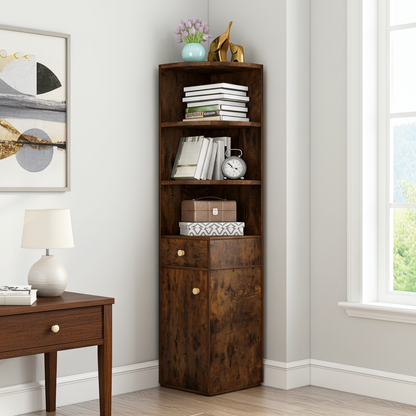 Vision Stylish Rustic Wooden Corner Shelf Unit with Cabinet & Drawer