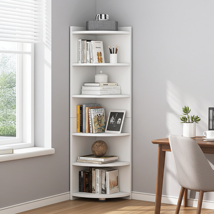 Inspire 6 Tier Large Stylish Wooden Corner Shelf Unit (White)