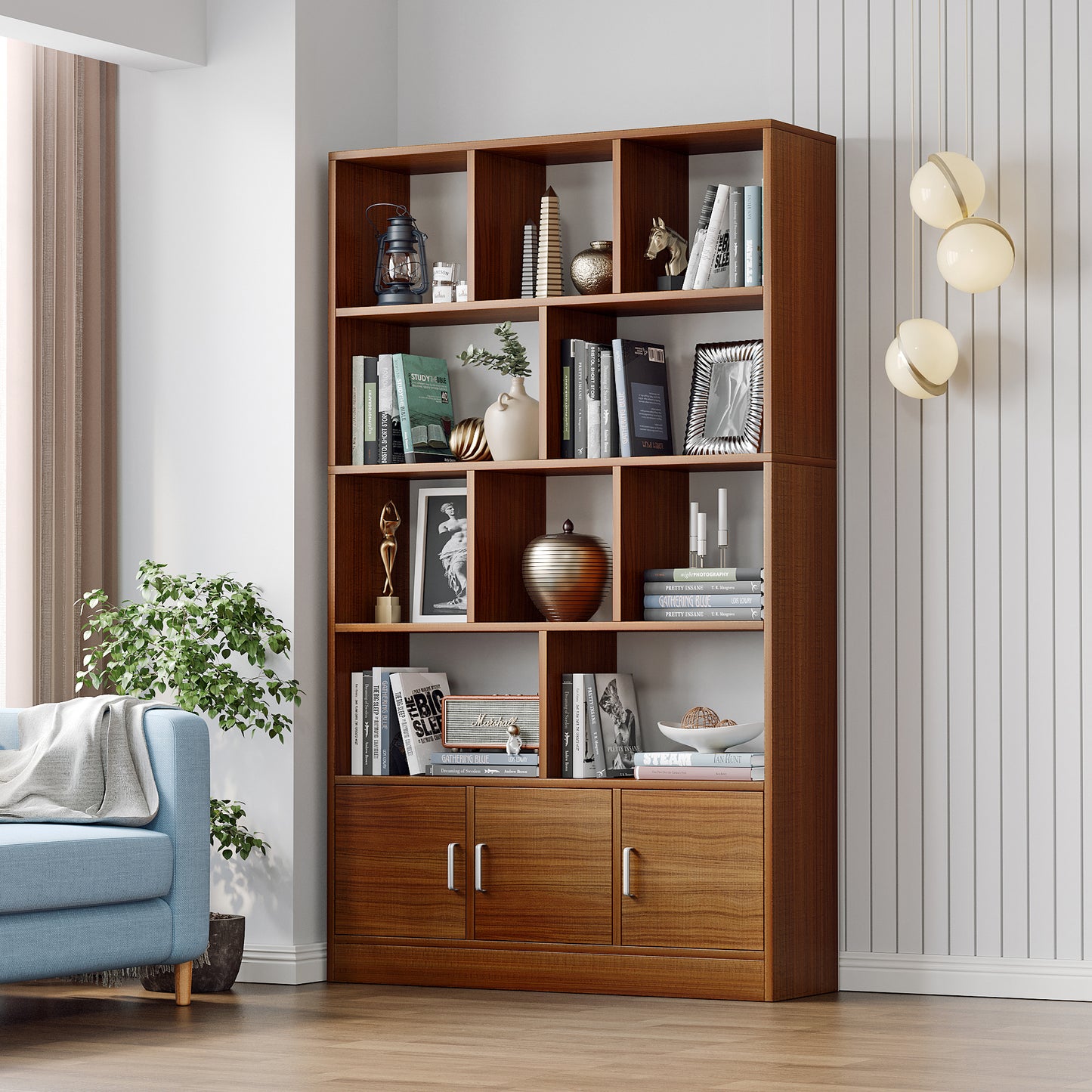 Alpha 10-Shelf 3-Door Wardrobe Cupboard Bookshelf Cabinet (Walnut)