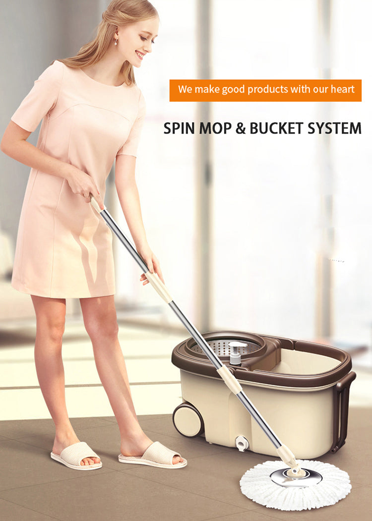 Advanced 360 Degree Spin Mop & Stainless Steel Bucket Kit with Wheels (Cookie & Cream) - Dshop.com.au