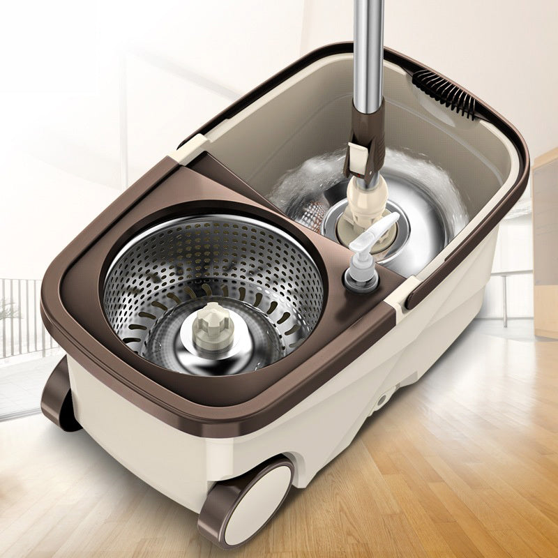 Advanced 360 Degree Spin Mop & Stainless Steel Bucket Kit with Wheels (Cookie & Cream) - Dshop.com.au