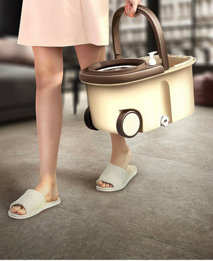 Advanced 360 Degree Spin Mop & Stainless Steel Bucket Kit with Wheels (Cookie & Cream) - Dshop.com.au