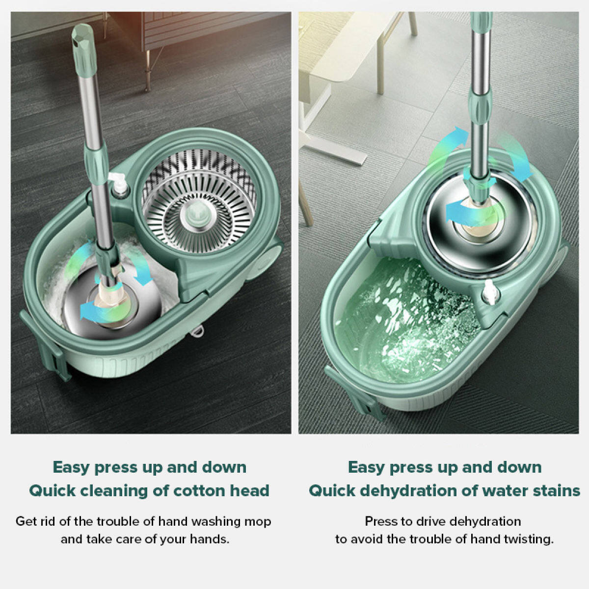 Advanced 360 Degree Spin Mop & Stainless Steel Bucket Kit with Wheels (Mint) - Dshop.com.au