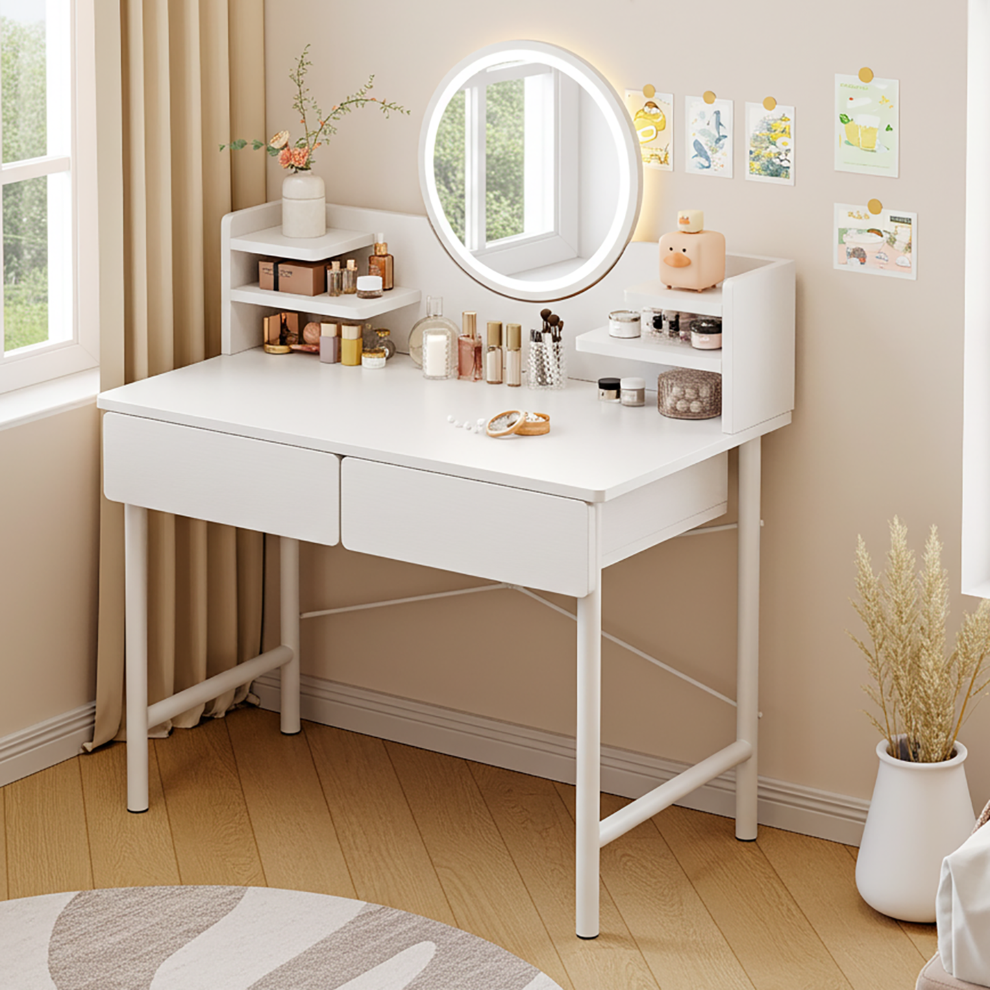 LED Luminous Mirror White Makeup Vanity Dressing Table with Storage Drawers