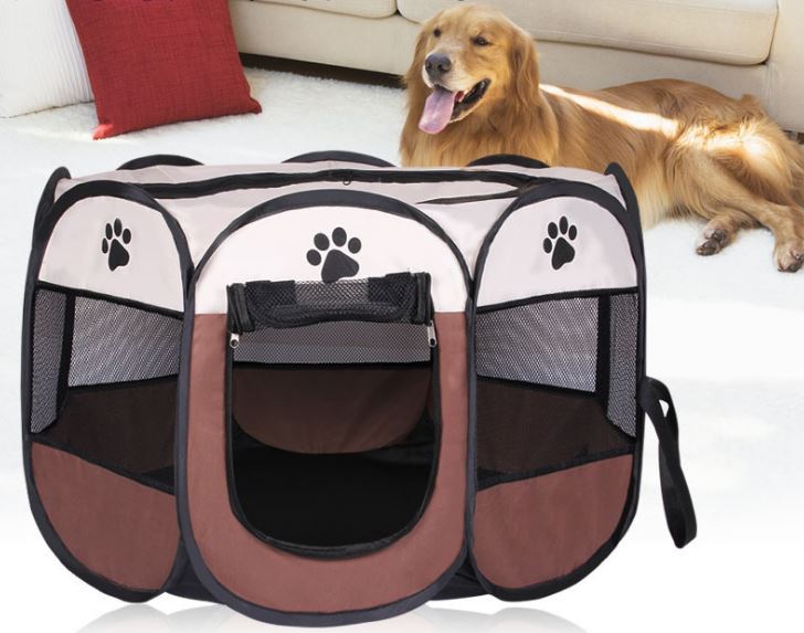 Portable Foldable Pet Dog Cat Playpen (Medium, Chocolate & Cream) - Dshop.com.au