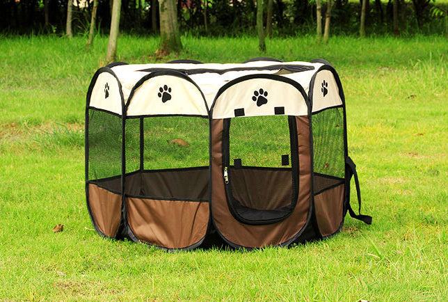 Portable Foldable Pet Dog Cat Playpen (Medium, Chocolate & Cream) - Dshop.com.au