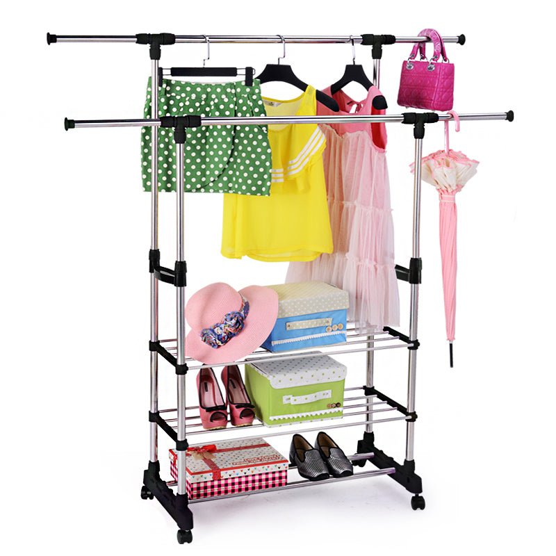 Double 3-Tier Portable Stainless Steel Clothes Shoes Organiser Hanger Rack Garment Dryer - Dshop.com.au