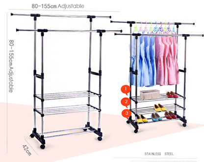 Double 3-Tier Portable Stainless Steel Clothes Shoes Organiser Hanger Rack Garment Dryer - Dshop.com.au