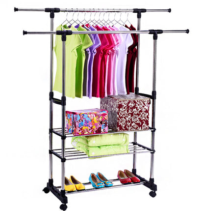 Double 3-Tier Portable Stainless Steel Clothes Shoes Organiser Hanger Rack Garment Dryer - Dshop.com.au