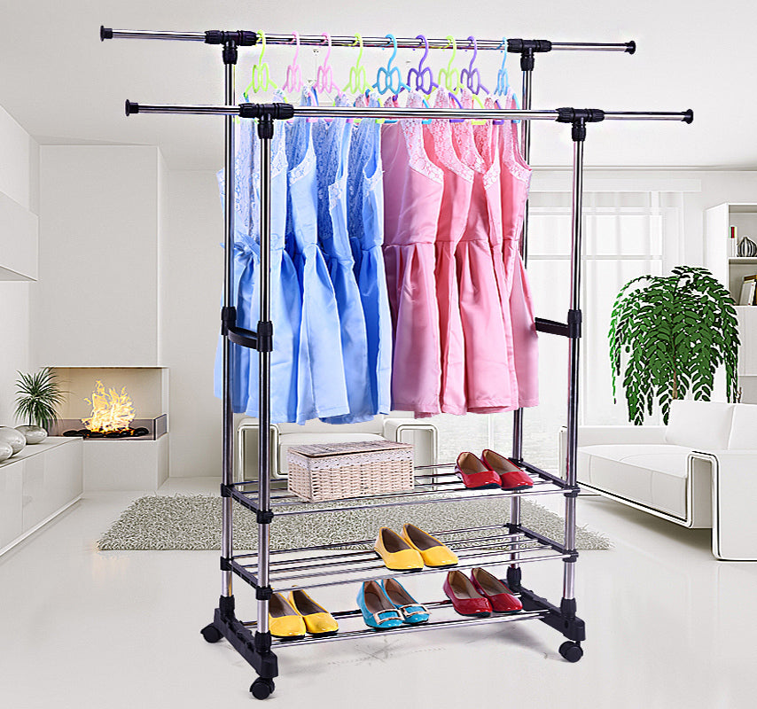 Double 3-Tier Portable Stainless Steel Clothes Shoes Organiser Hanger Rack Garment Dryer - Dshop.com.au