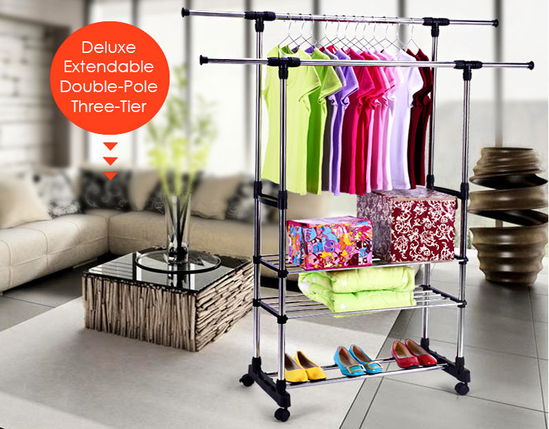 Double 3-Tier Portable Stainless Steel Clothes Shoes Organiser Hanger Rack Garment Dryer - Dshop.com.au